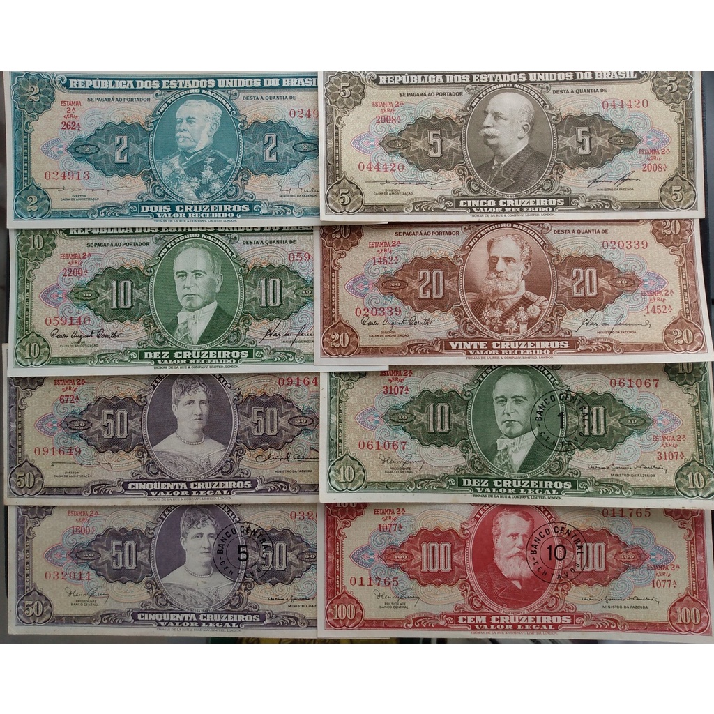 Cédulas de 2 a 100 cruzeiros, 2ª estampa, sem e com carimbo, entre MBC/Sob e Sob, circuladas, mas em muito bom estado de conservação