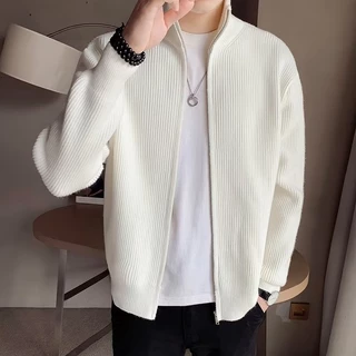Coreano Leve Estilo Maduro Cor Sólido Cardigan Homens de malha com colarinho de malha Casaco de malha com zíper