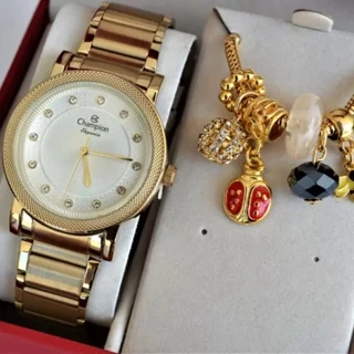 Kit Relógio Champion Dourado Feminino com Semijoias CN25707W