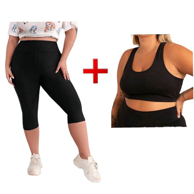 Conjunto Calça Legging Capri + Top Cropeed Plus Size G1 G2 G3 G4