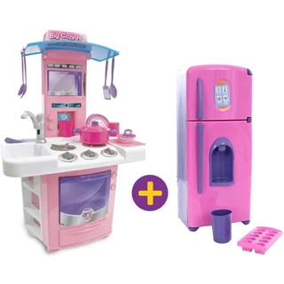 Geladeira Infantil + Cozinha Infantil Fogão E Pia Sai Agua