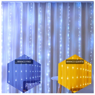 Cortina 300 leds 8 Funções Branco Quente e Branco Frio c/ Fio Transparente Bivolt Natal Decoração Pisca