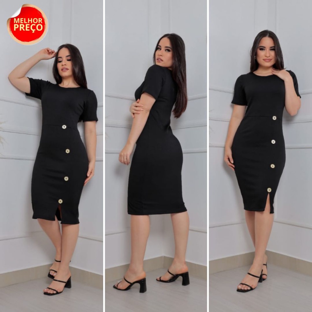 Vestido Mídi com botão malha canelada manga curta Moda Evangelica, gestantes, social