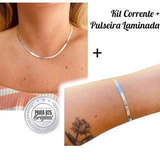 Kit Prata 925 Corrente Feminina Choker Laminada 40cm + Pulseira Laminada