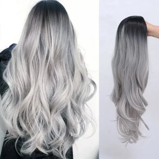 Peruca Longa Ombre Cinza Ondulada 70cm Fibra Futura