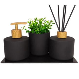 Kit Lavabo Difusor Saboneteira Preto Fosco + Vaso + Bandeja Preta