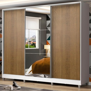 Guarda Roupa Juvenil 100% MDF Madesa Kevin 3 Portas de Correr com Espelho com Pés - Branco/Rustic