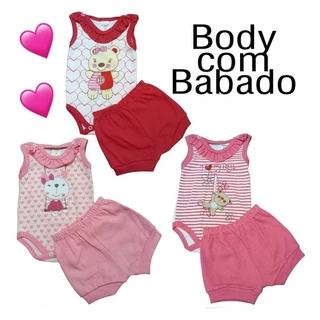 Conjunto bebe body regata com babado + shorts menina