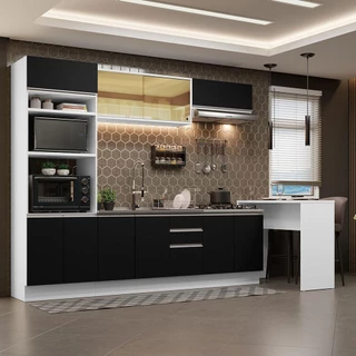 Cozinha Completa Madesa Glamy 315001 com Armário, Balcão e Bancada (Sem Tampo e Pia) - Branco/Preto em Oferta na Shopee