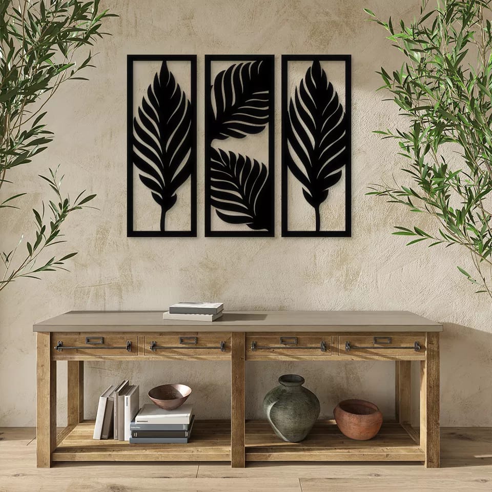 Trio de Folhas decorativa para parede em mdf de 3mm preto docaracão para casa escritório quarto