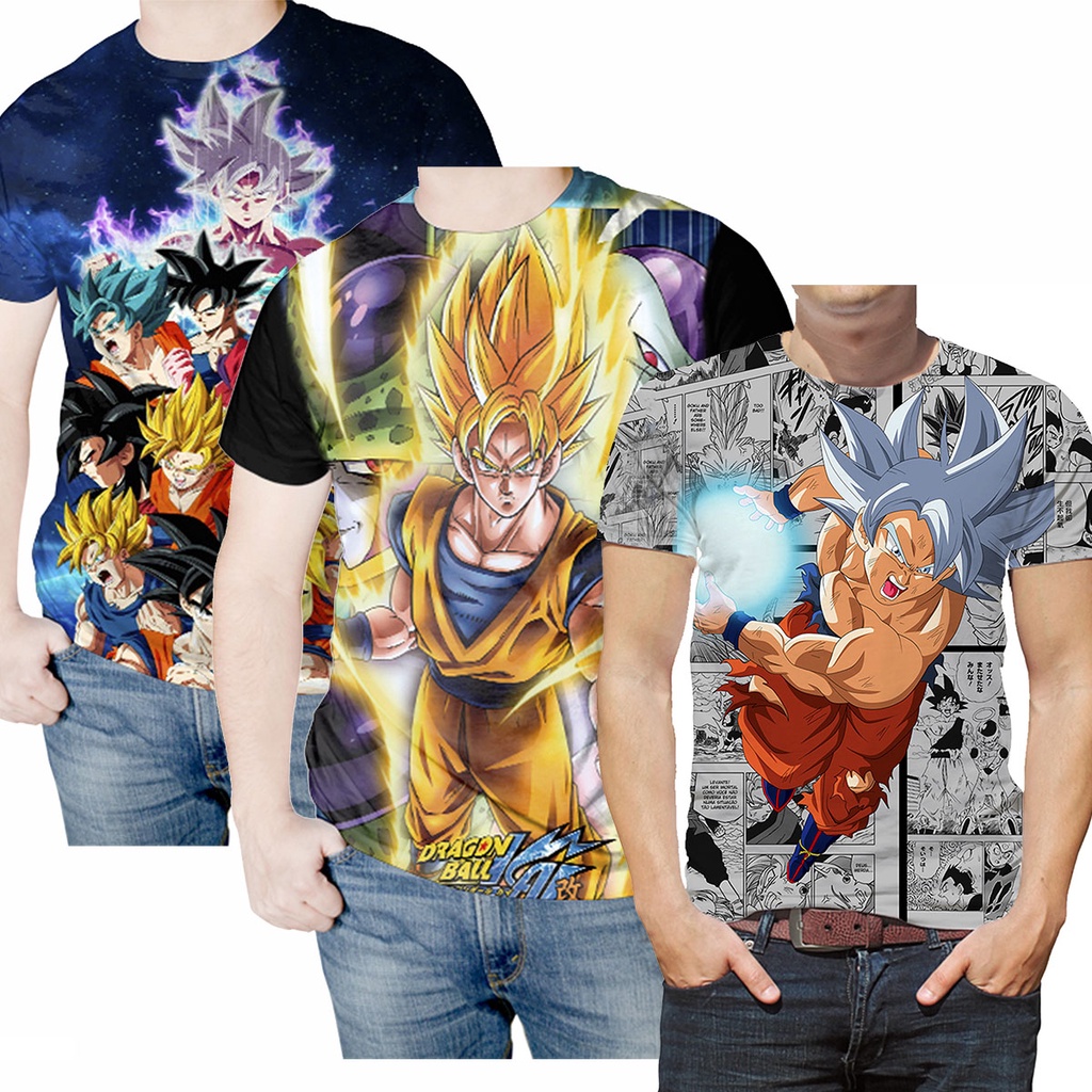 Kit 2pçs Camisetas Dragon Ball Z Goku Little e Vegeta Azul 100% Algodão  30.1 Penteado Desenho Alta Definição e Cores