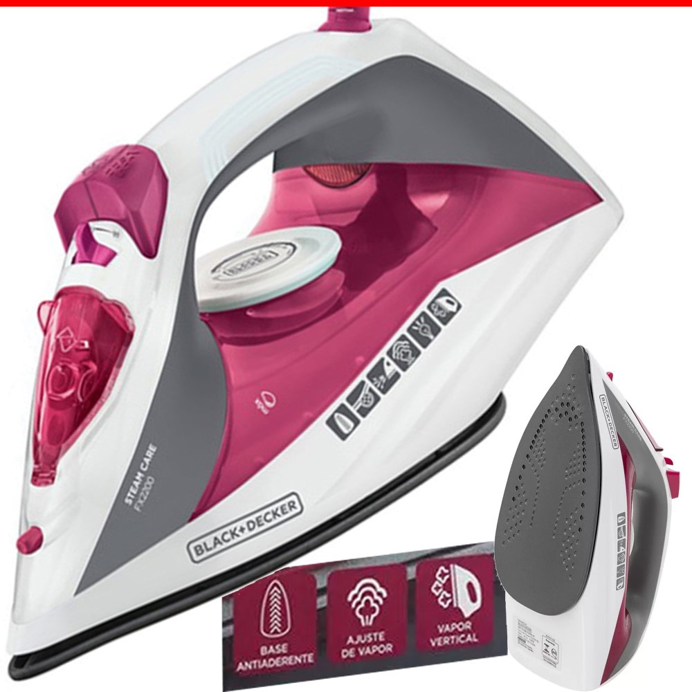 Ferro de Passar Roupa Black Decker a Vapor 1200w FX2200 BR Branco e Rosa Base antiaderente