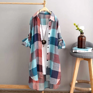 Camisas femininas de verão plus size soltas femininas blusa longa xadrez tops