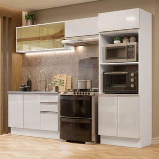 Cozinha Completa 100% MDF Madesa Acordes 270008 com Armário e Balcão Frentes - Branco Brilho em Oferta na Shopee