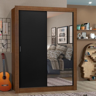 Guarda-Roupa Solteiro Madesa Denver 2 Portas de Correr com Espelho - Rustic/Preto