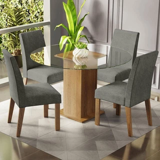 Conjunto Sala de Jantar Mesa Tampo de Vidro Redondo 4 Cadeiras Rustic/Silver Mile Madesa em Oferta na Shopee