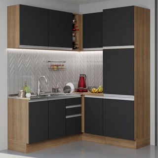 Cozinha Completa de Canto Madesa Glamy 329001 com Armário e Balcão (Sem Tampo e Pia) - Rustic/Preto