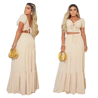 Conjunto Femenino Saia Longa Com Babado E Cropped Costas Com Detalhes no Busto