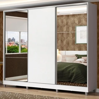 Guarda Roupa Casal 100% MDF Madesa Zurique 3 Portas de Correr com Espelhos com Pés - Branco em Oferta na Shopee