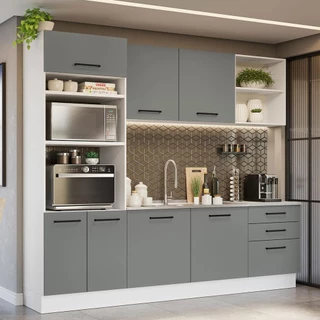 Armário de Cozinha Completa 250cm Branco/Cinza Agata Madesa 01 em Oferta na Shopee