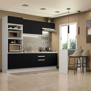 Cozinha Completa Madesa Glamy 315002 com Armário, Balcão e Bancada (Sem Tampo e Pia) - Branco/Preto em Oferta na Shopee