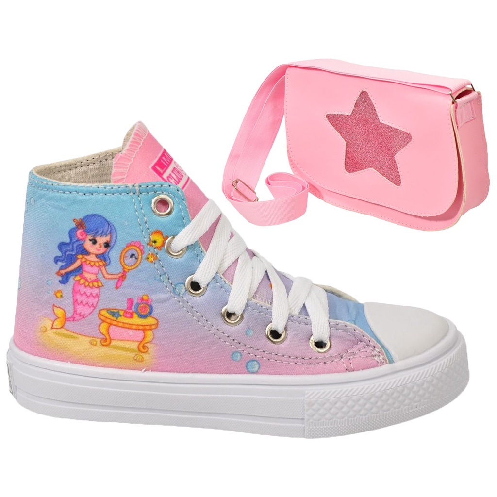 Tênis Botinha Infantil Personagem Feminino Menina Unicórnio/Princesa/Sereia + Bolsinha Estrela Com Glitter