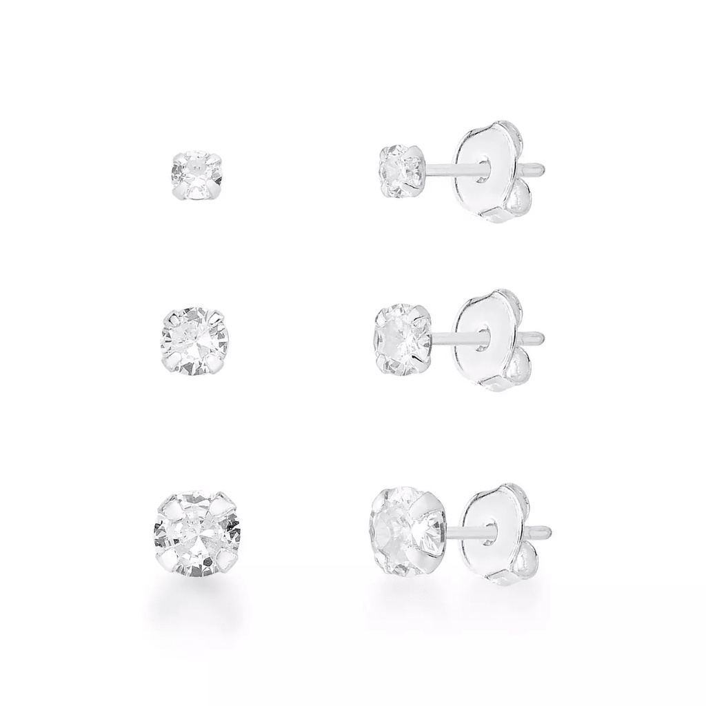 Brincos Trio Zircônia Redonda Prata 925 Legítima