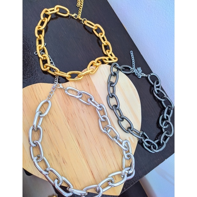 Colar Choker Corrente Elo Grosso Folheado Ouro 18K Gargantilha Prateado Prata Preto Tendência Moda