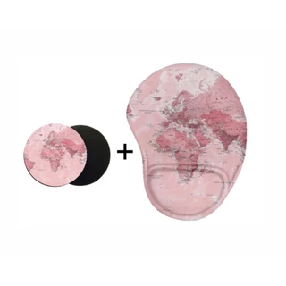 Mouse Pad Mapa Mundi Rosa E Porta Copo Kit Escritório