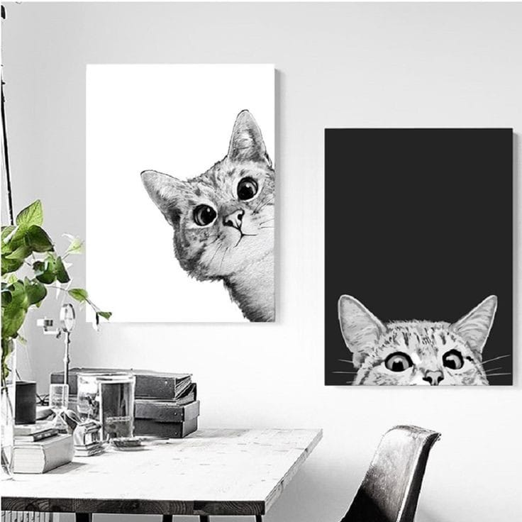 Quadro decorativo 2 telas Gato desenho animado preto branco