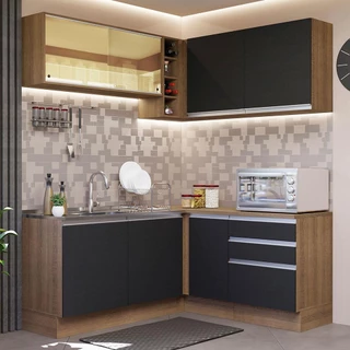 Cozinha Completa de Canto Madesa Glamy 329002 com Armário e Balcão (Sem Tampo e Pia) - Rustic/Preto em Oferta na Shopee