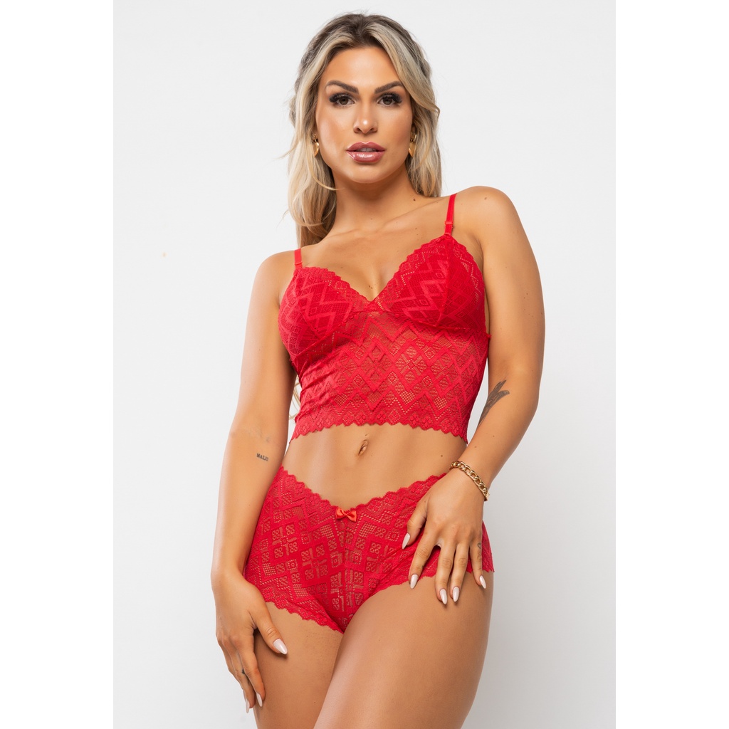 Conjunto Espera Marido Short Caleçon Baby Doll Lingerie Renda Sexy