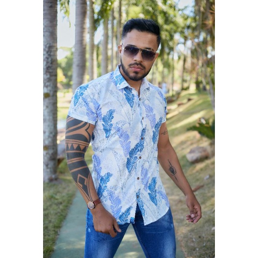 Camisa Plus Size Masculina Estampa Floral Marinho