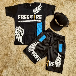 Conjunto Angelical Infantil Free Fire Masculino 3 Peças Camisa e Bermuda e Boné