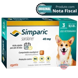 Simparic para Cães de 10,1 a 20 Kg (40 mg) Antipulgas e Carrapatos - 3 Comprimidos