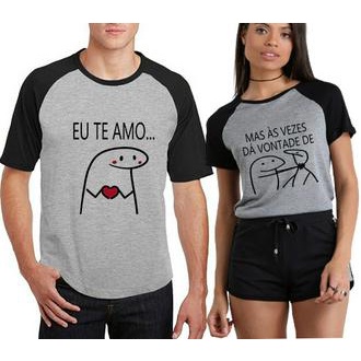 Camiseta Casal Kit Meme Palito Eu Te Amo Mas Da Vontade Plus