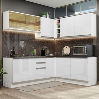Cozinha Completa de Canto 100% MDF Madesa Acordes 389002 Armário e Balcão - Frentes Branco Brilho