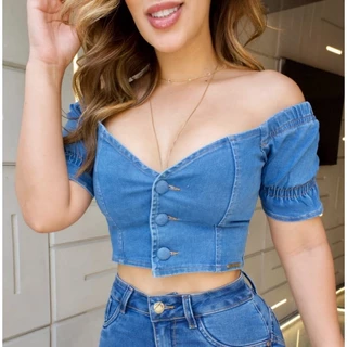 Blusa Cropped Jeans P ao G com Decote Ombro a Ombro de Manga