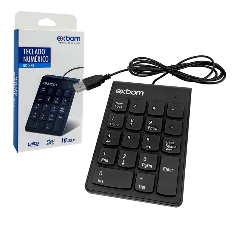 Teclado Numérico USB 18 Teclas para Computador PC Notebook Celular Smartphone Tablet TV Box Silencioso Ergonômico BK-N30