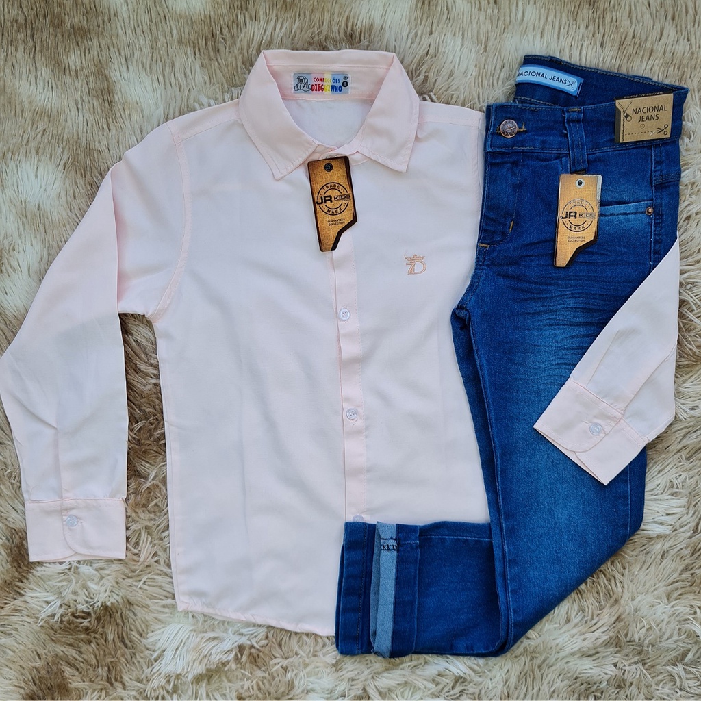kit camisa jeans calça jeans bebe menino com elastano Tam