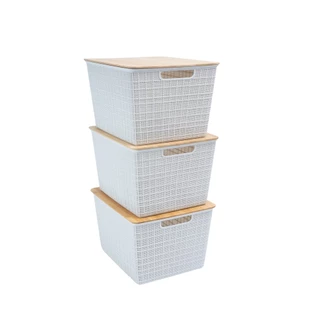 Kit 3 caixas organizadoras tampa de bambu 18l branco - Oikos