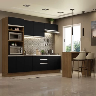 Cozinha Completa Madesa Glamy 315002 com Armário, Balcão e Bancada (Sem Tampo e Pia) - Rustic/Preto em Oferta na Shopee