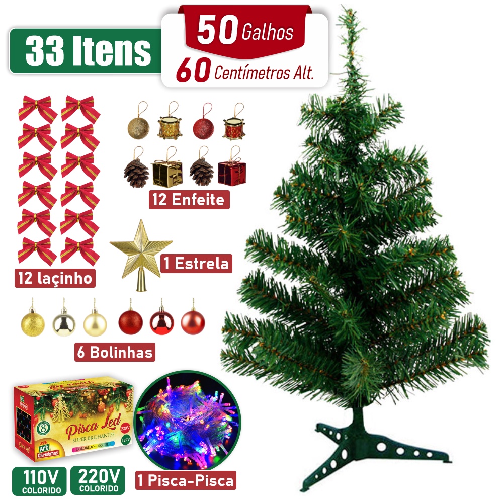 Promoção Kit Árvore De Natal 60cm 50 Galhos Decorada 32 Enfeites ...