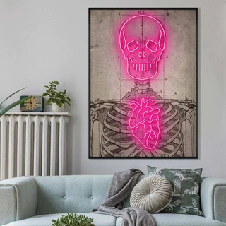 Quadro decorativo 1 peça 40x60 efeito de néon moderno abstrato rosa estética coração crânio vintage decoração para casa sala quarto hall interiores e corredores