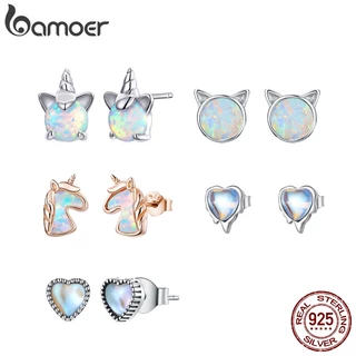 Brincos Bamoer 925 Prata Unicórnio Gato Coração Orelha Cravos Moda Joia Para Mulheres Presente Meninas SCE737 em Oferta na Shopee