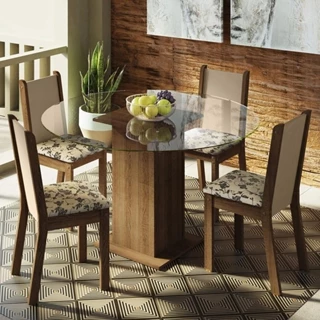 Conjunto Sala  Jantar Madesa Madu Mesa Tampo de Vidro Redondo 4 Cadeiras - Rustic/Crema/Bege Marrom em Oferta na Shopee