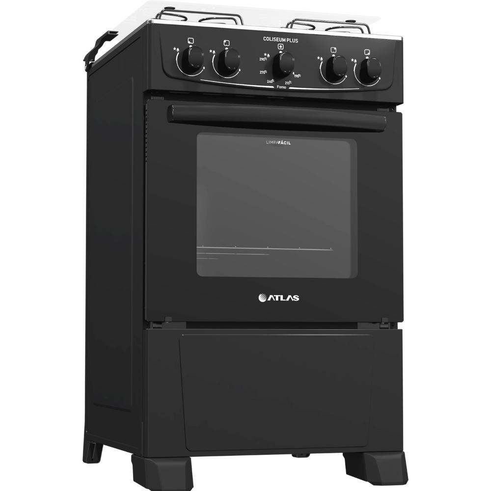 Fogão Atlas 4 bocas preto com forno limpa fácil Coliseum Plus - Forno 50L