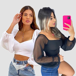 KIT 2: Cropped Top Suplex Tule Preto Branco Manga Longa Bufante Julliete