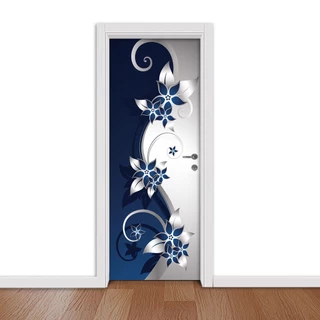 Adesivo para porta de madeira ou vidro - Flores, abstrato, Azul, cinza, FLORAL PRATA E AZUL