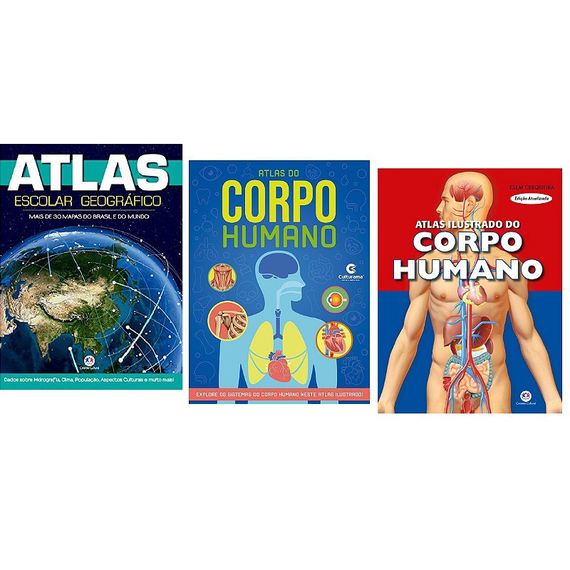Atlas Escolar Geográfico + Atlas Do Corpo Humano + Atlas Ilustrado ...